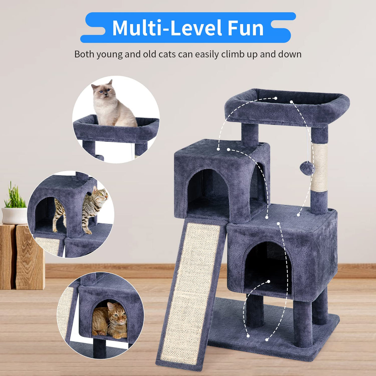 BestPet 36 inches Cat Tree for Indoor Cats Cat Tower with Scratching Posts Multi-Level Cat Furniture Condo with Ramp, Perch Spacious Cat Cave & Funny Toys for Kittens House,Dark Grey BestPet