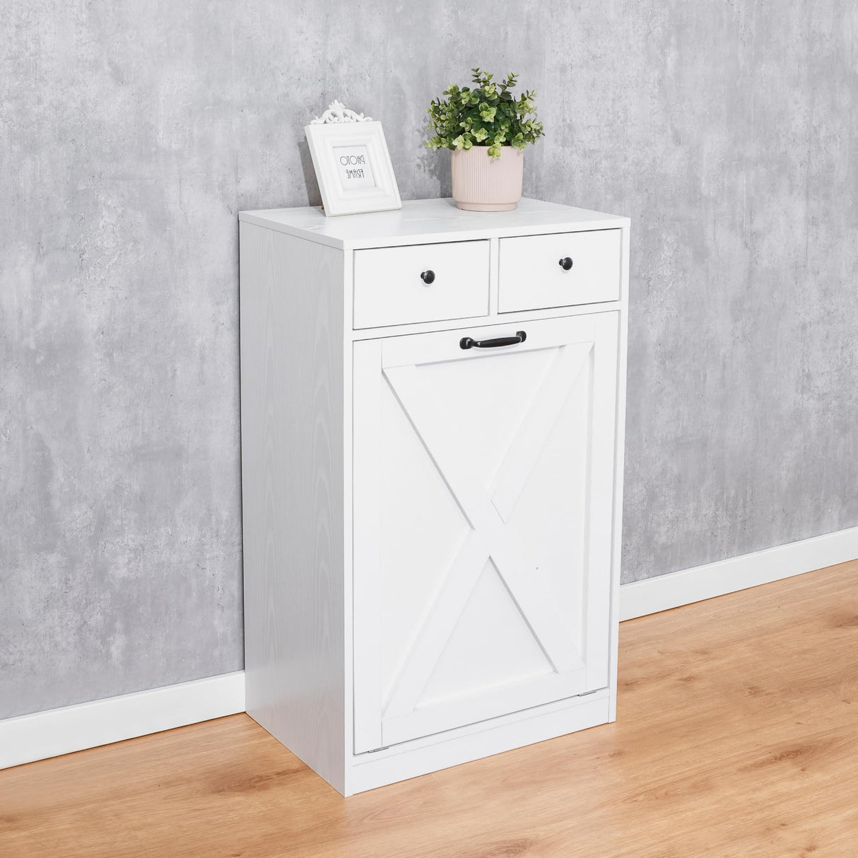 Zedesey 13 Gallon Tilt Out Trash Cabinet with 2 Drawers Wood Hidden Kitchen Recycling Cabinet Free Standing Pet Proof Trash Can Laundry Cabinet for Kitchen (White) Zedesey