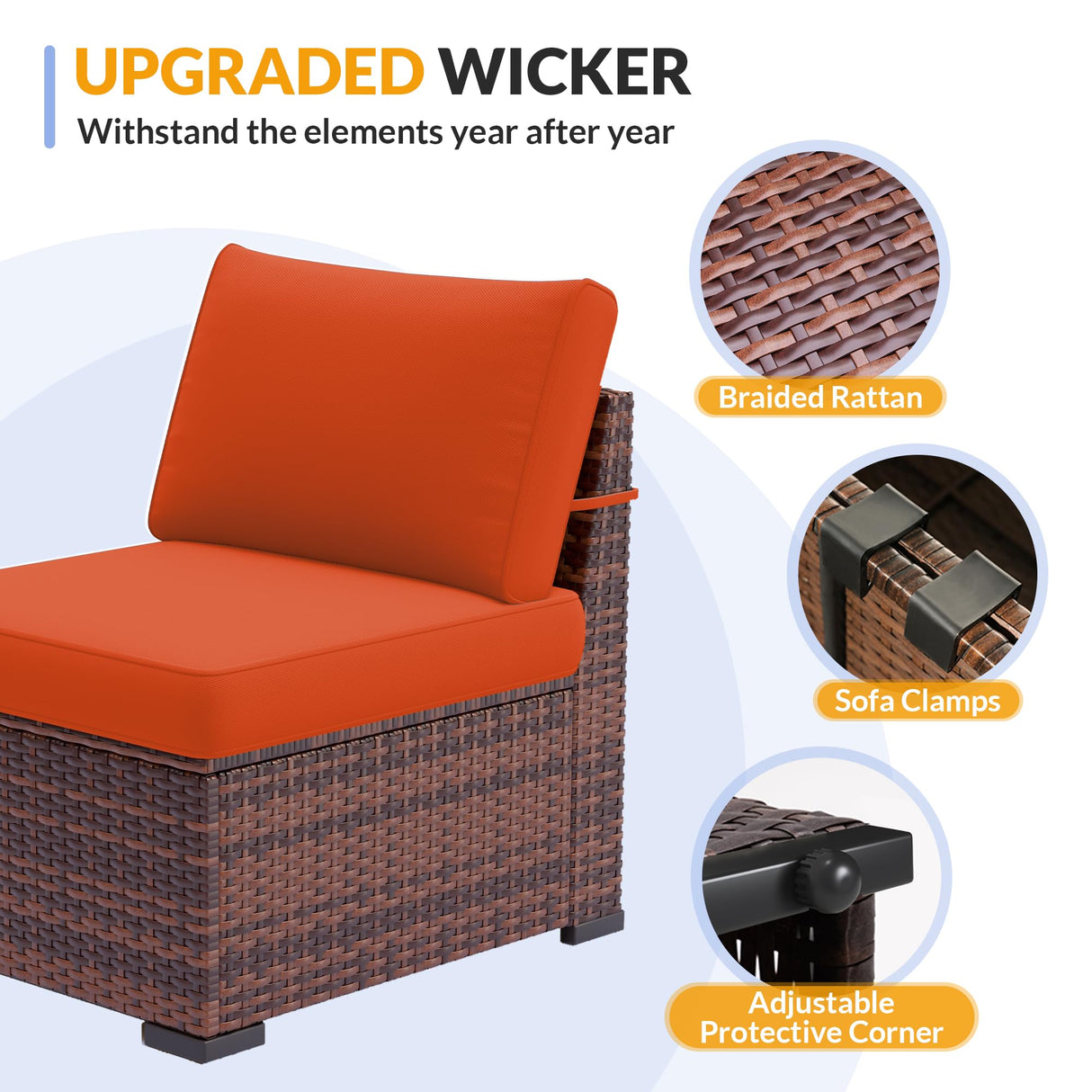 Poteban Patio Furniture Set, 7 Pieces Outdoor Modular Conversation Set Wicker Sectional Sofa for All Weather Rattan Patio Couch for Porch Garden Backyard Balcony Poolside (Orange) Poteban