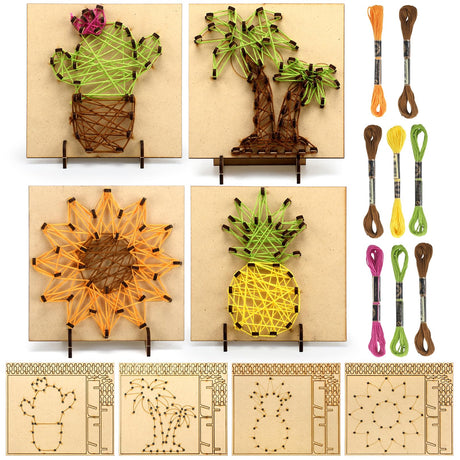 Janlaugh Set of 4 Summer String Art Kit Palm Trees Cactus Sunflowers Pineapple String Art Craft Wood Box Sign Make Your Own Art Board with Stand Pins and Yarn DIY Activity Kits for Adults Kids Janlaugh