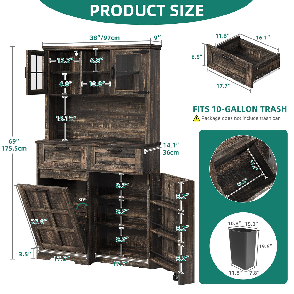 YITAHOME Kitchen Pantry Farmhouse, Tilit Out Trash Out Can Cabinet,Coffee Storage Bar Cabinet, 70" Tall Cabinet Cupboard with 2 Drawers, 2 Doors and Glass Display Case Shelf, Wheels, Rustic Dark Oak YITAHOME