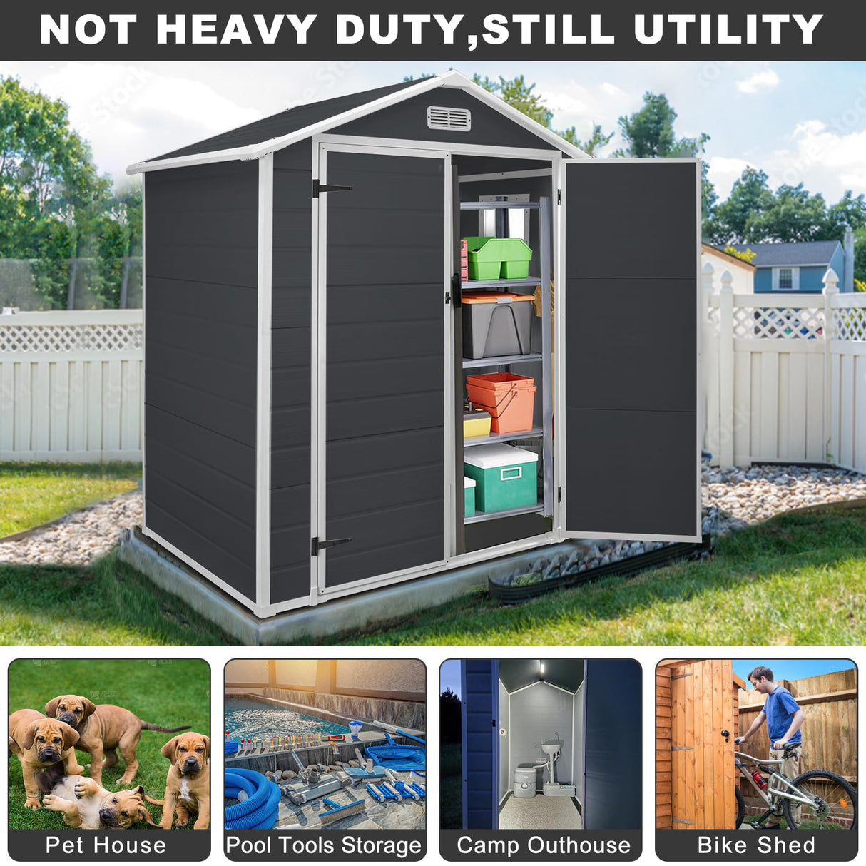 BTMWAY Resin 6x4 FT Outdoor Storage Shed with Floor Included,Small Plastic Shed with Window,Wood-Like Appearance,Water and UV Proof,Double Doors,Garden Tool Storage,Bike Shed,Backyard Shed (Black) BTMWAY