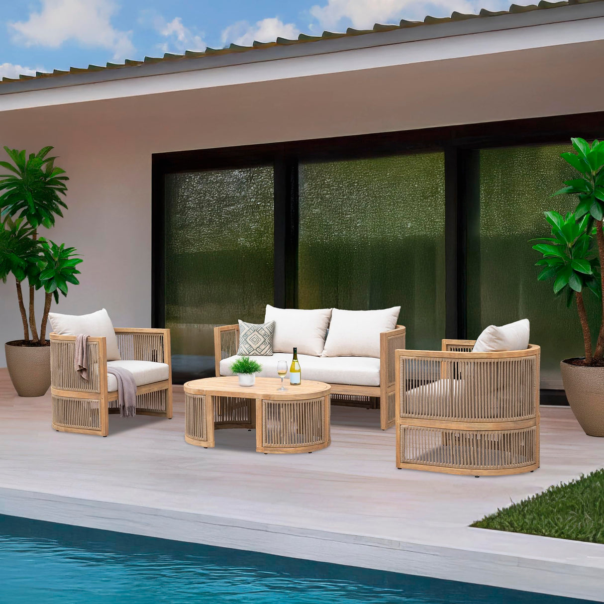 Mazatzal 4-Piece Outdoor Acacia Wood Wicker Conversation Set, Patio Furniture Set with Loveseat, 2 Armchairs, and Coffee Table, Modern Balcony Set for Garden, Yard, Backyard Mazatzal