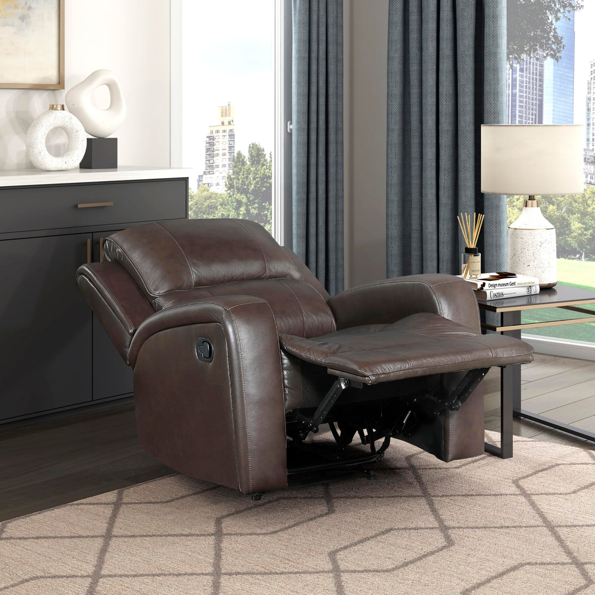 Lexicon Manual Reclining Chair, Top Grain Leather Match Wall Hugger Recliner Chair, Tab Pull Reclining, High Density Foam Over Pocket Coils, for Living Room/Reading Nook/Bedroom, Brown Lexicon