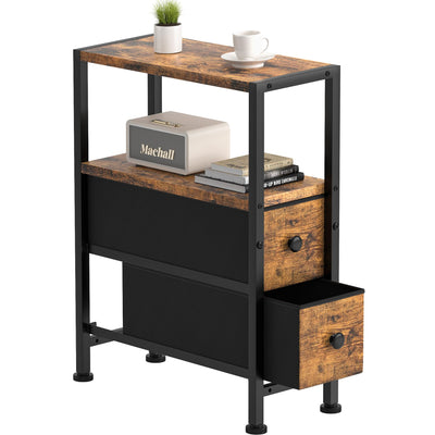 Small Narrow Side Table with Drawers, Skinny End Table for Small Spaces, Slim Nightstand with Storage, Sofa Bedside Table in Living Room, Bedroom, Study, Kitchen and Balcony (Rustic Brown)