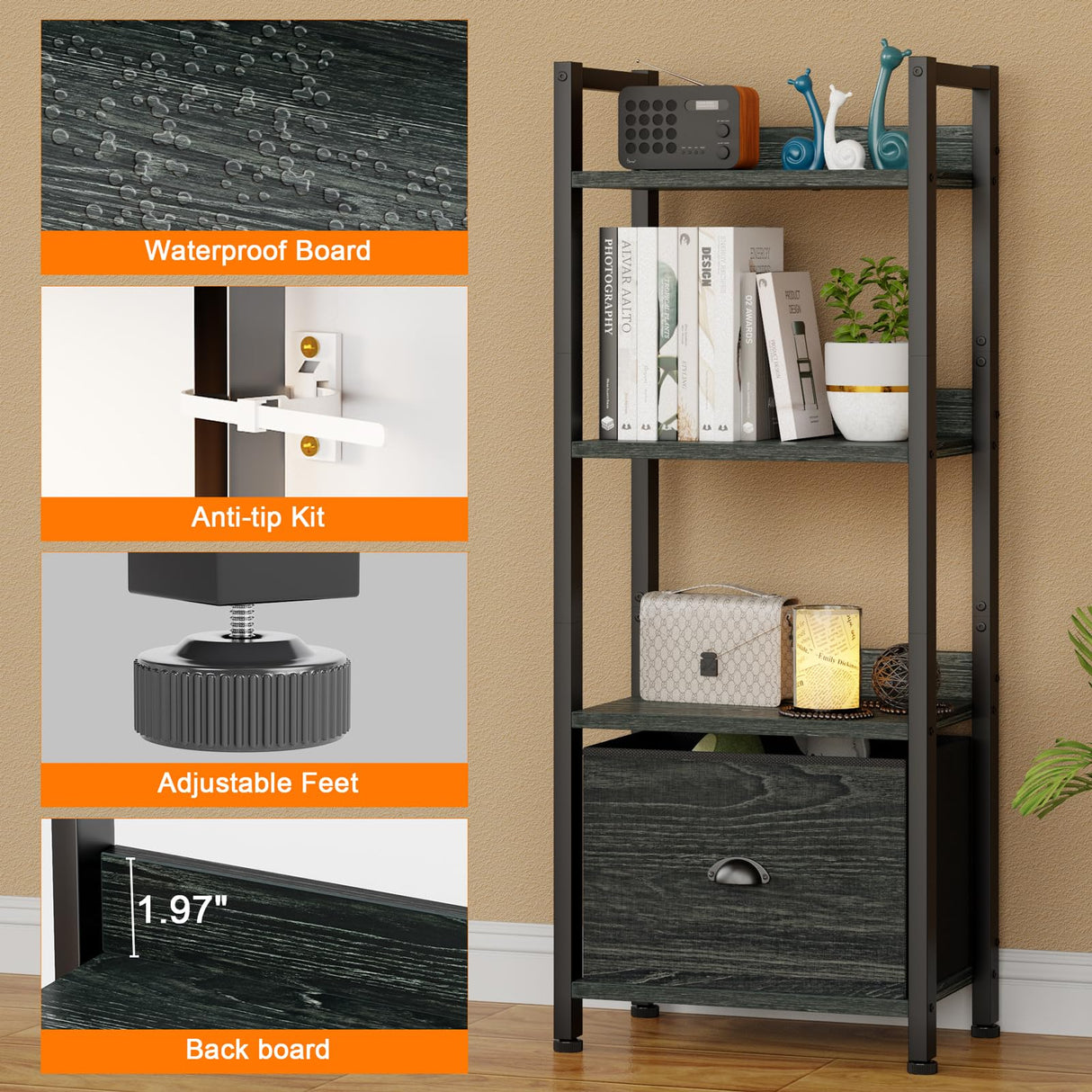 Furologee 4 Tier Bookshelf with Drawer, Small Narrow Bookcase, Wood and Metal Standing Shelf Unit, Industrial Display Storage Shelves Organizer for Bedroom, Living Room, Entryway, Black Furologee