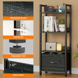 Furologee 4 Tier Bookshelf with Drawer, Small Narrow Bookcase, Wood and Metal Standing Shelf Unit, Industrial Display Storage Shelves Organizer for Bedroom, Living Room, Entryway, Black Furologee