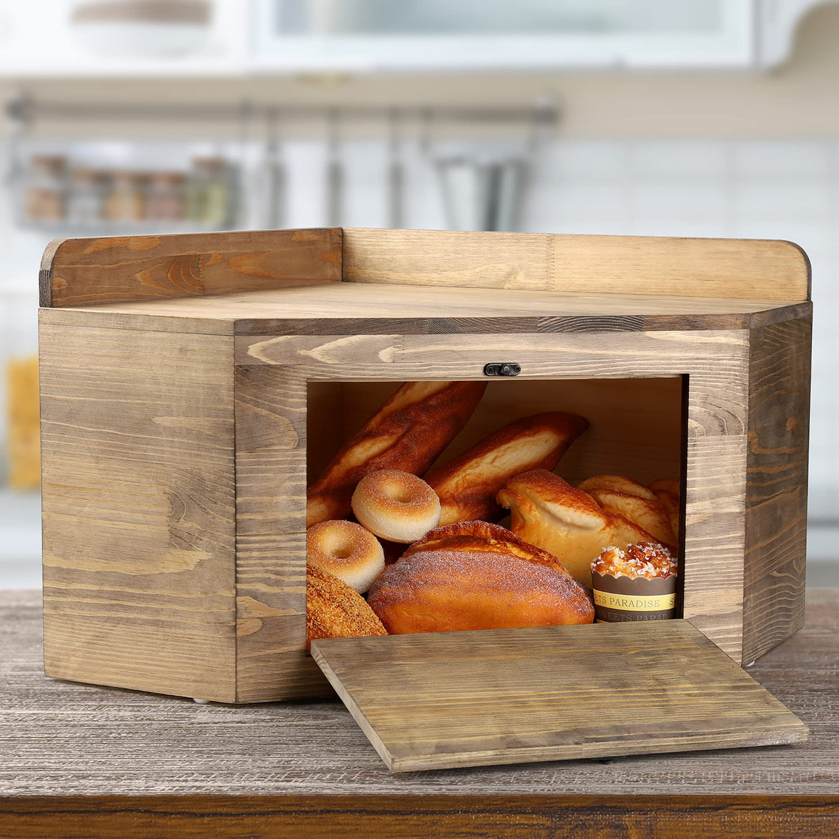 Besuerte Corner Bread Box, Farmhouse Bread Box For Kitchen Countertop, Vintage Bread Box, Bread Organizer Containers Storage Keeper Includes 2x16oz Mason Jars with Flowers (Large,Nut Bown) Besuerte