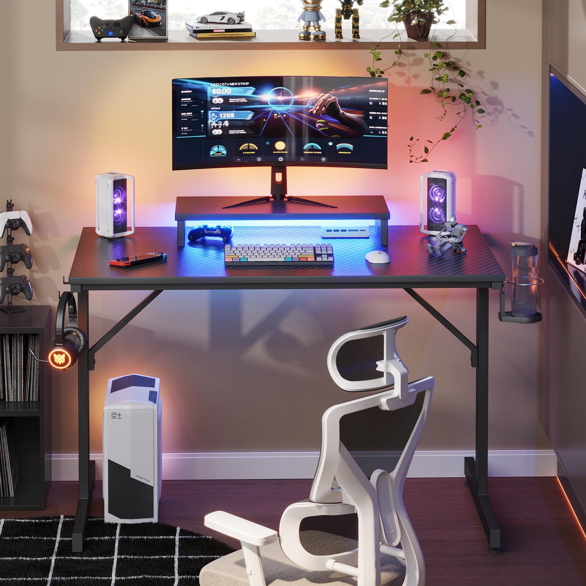 Bestier Small Gaming Desk with Monitor Stand, 42 inch LED Computer Desk, Gamer Desk with Cup Holder & Headset Hooks, Modern Simple Style Desk for Home Office PS5 Small Spaces, Carbon Fiber Bl - WoodArtSupply