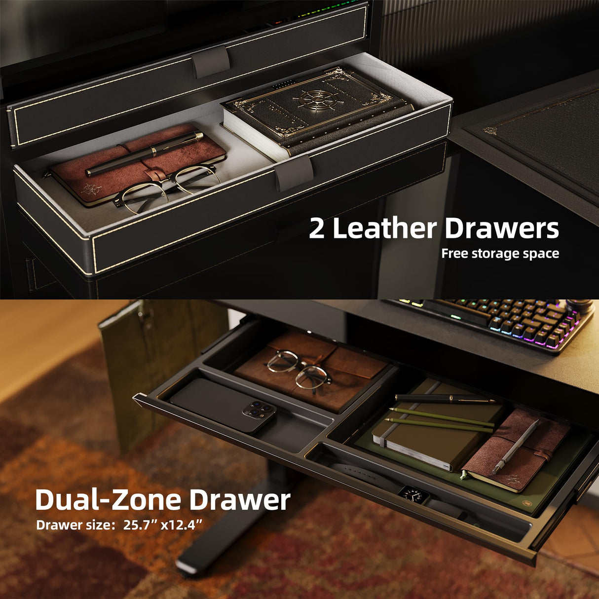 INNOVAR Glass Standing Desk with 3 Drawers, 48x24 Inch Height Adjustable Desk with USB Ports & LED Lights, Electric Stand Up Desk with Monitor Stand for Home, Office, Workstation, Black INNOVAR