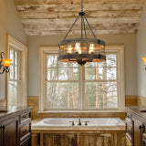 LamQee 5-Lights Rustic Farmhouse Chandeliers for Dining Room Over Table Wood and Metal Chandelier for Foyer Round Wooden Lights Fixture Large Drum Hanging Lighting Entryway Hallway Kitchen 18.9 Inch LamQee