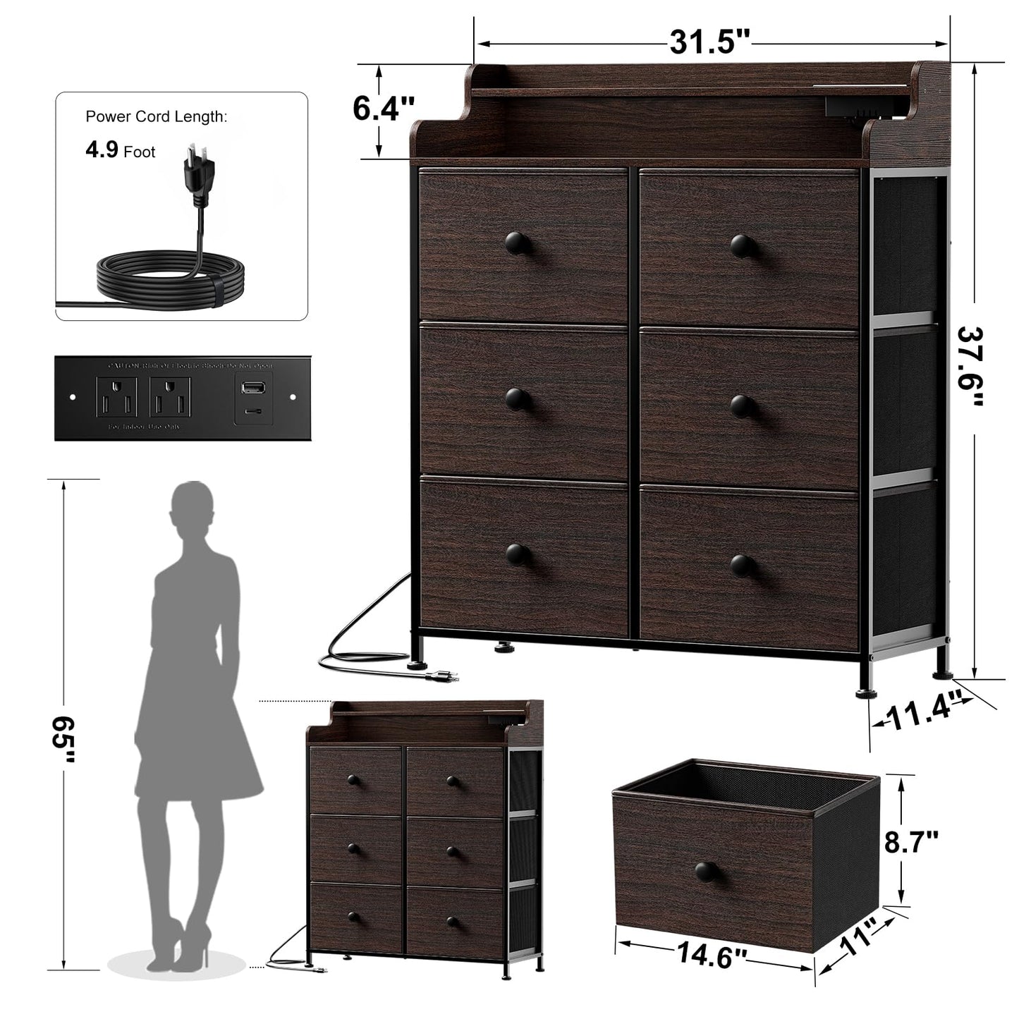 REAHOME Dresser for Bedroom with Charging Station and LED Lights, 6 Drawers Dresser TV Stand with Wooden Top, Tall Fabric Chest of Drawer with Sturdy Frame for Closet, Living Room, Hallway, Brown