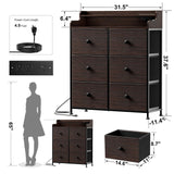 REAHOME Dresser for Bedroom with Charging Station and LED Lights, 6 Drawers Dresser TV Stand with Wooden Top, Tall Fabric Chest of Drawer with Sturdy Frame for Closet, Living Room, Hallway, Brown REAHOME