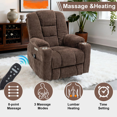RHHVVR Power Lift Recliner Chair for Eldery, Chenille Electric Recliner Chairs with Massage and Heat, Remote Control Standing Assistance Lay Flat Recliner Sofa for Living Room Medium-Firm,Brown RHHVVR