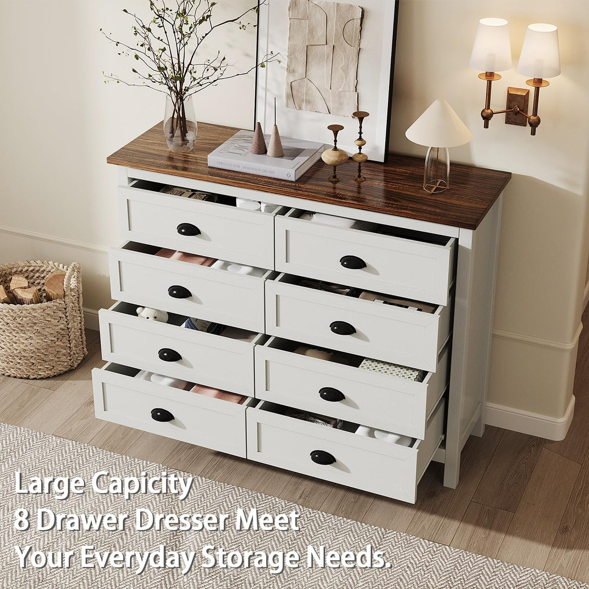 SINROM White Dresser for Bedroom, Farmhouse 8 Drawer Dresser, Wide Chest of Drawers with Metal Handles, Modern Wood Double Chest for Bedroom, Living Room, Hallway SINROM