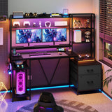 Gaming Desk with Hutch, 65in Reversible Computer Desk with Power Outlets LED Light, Home Office Desk with Monitor Stand 2 Drawers 4 Storage Shelves Pegboard 8 Hooks Mouse Pad(Carbon Fiber Black) UPOSOJA