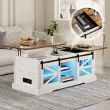Farmhouse Coffee Table, Lift Top Coffee Table with Gun Cabinet, 2 Sliding Barn Doors-Large Storage and 3 Color LED Lights fit Modern Rectangular Rustic Living Room Center Table,White FREDEES