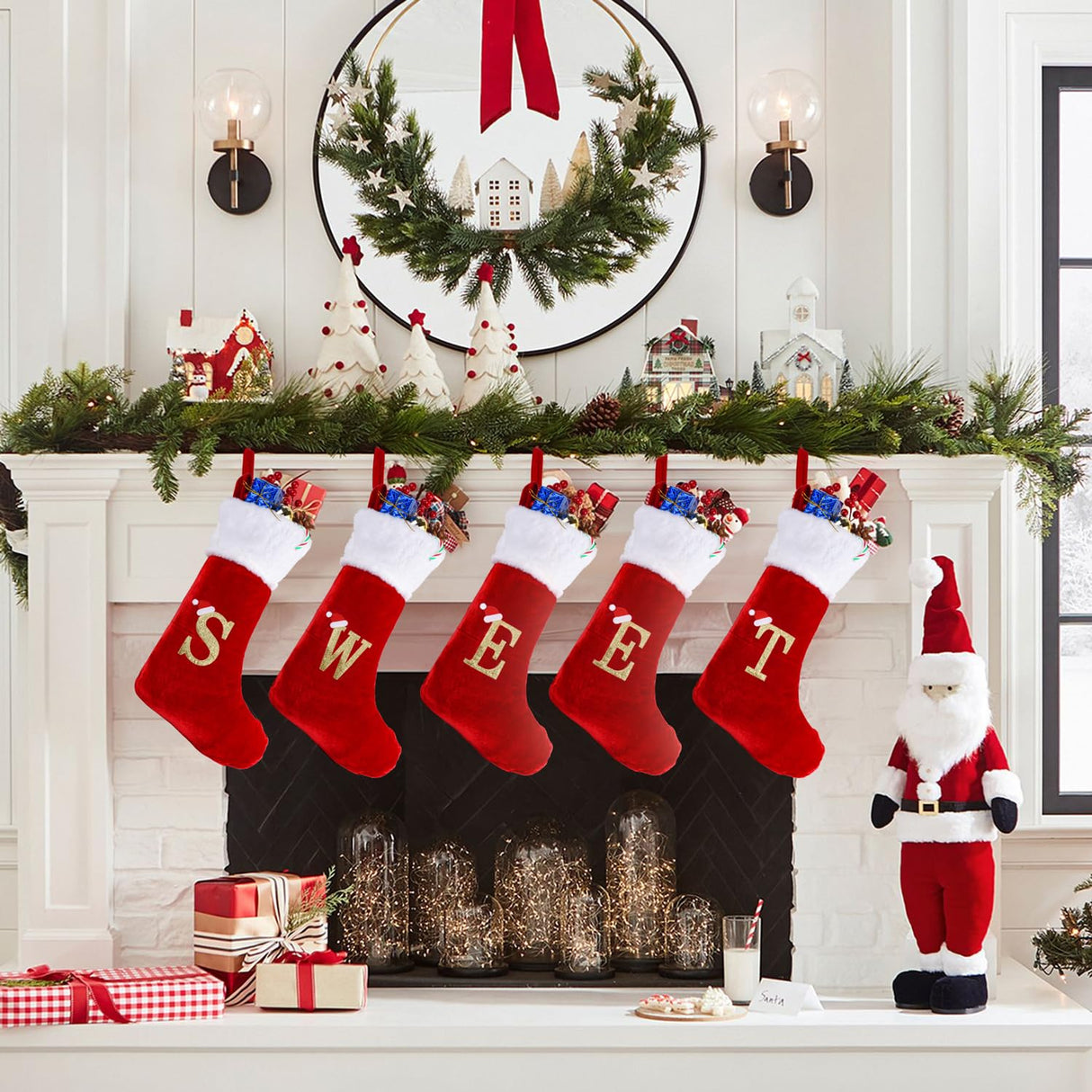 20 Inches Monogram Christmas Stockings with Letters, Large Super Soft Christmas Stockings Red Velvet with White Super Soft Plush Cuff for Christmas Xmas Tree Holiday Fireplace (S) Sailup