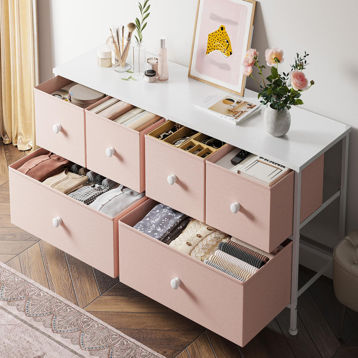EnHomee Pink Dresser for Bedroom with 6 Drawers, Wide Dressers & Chests of Drawers, Fabric Dresser, TV Stand for Bedroom, Closet, Hallway, Pink EnHomee