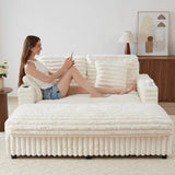 RARZOE 64'' Oversized Chaise Lounge Chair Indoor, Plush Faux Rabbit Fur Sleeper Sofa Bed with 4 Pillows, Charging Station & Cup Holders, Fluffy Comfy Cloud Couch Loveseat Sofa for Living Room,Beige RARZOE