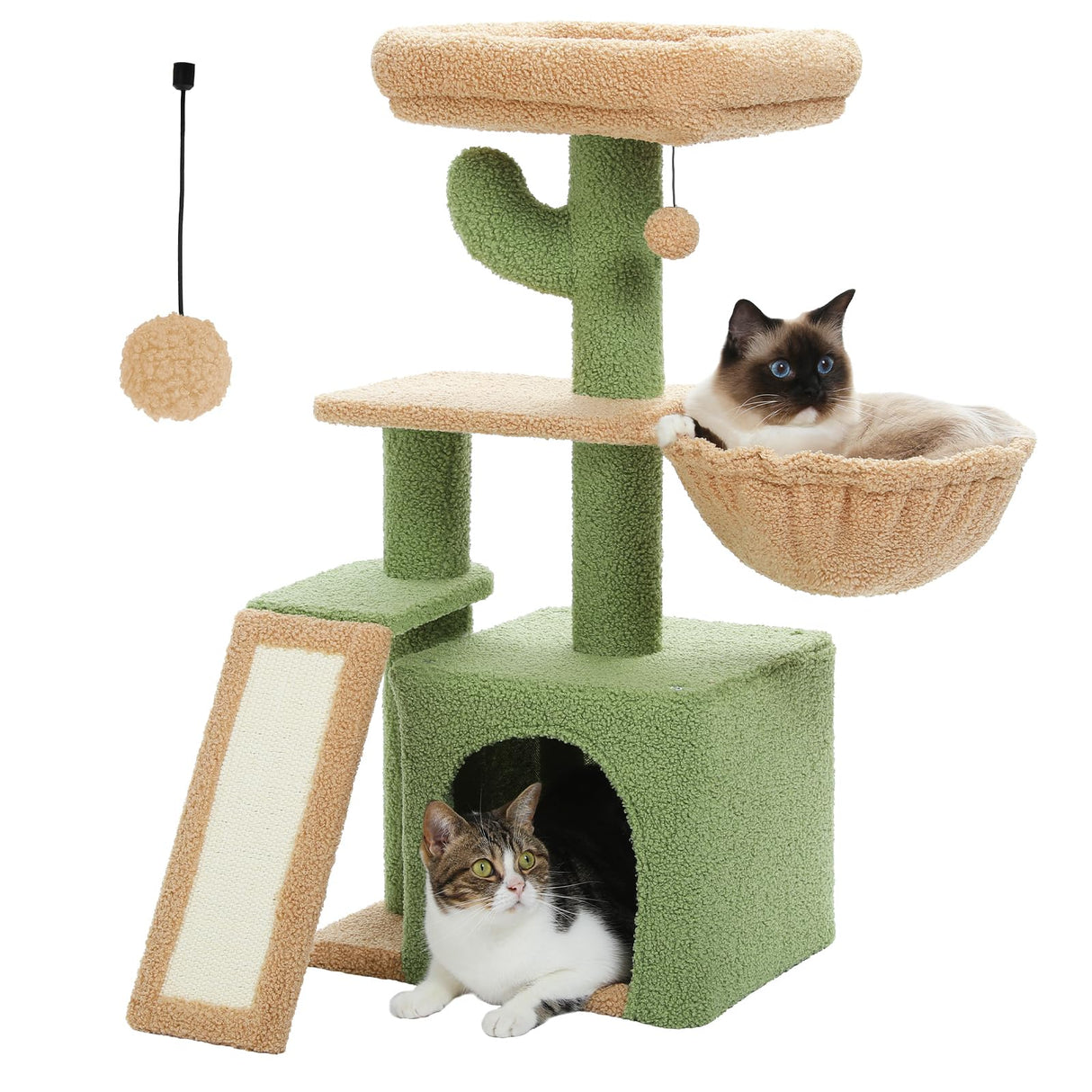 PETEPELA Cactus Cat Tree for Indoor Cats, 32'' Small Cat Tower Cat Condo with Sisal Scratching Ramp, Cozy Hammock and Removable Top Bed Perch for Kittens, Green PETEPELA