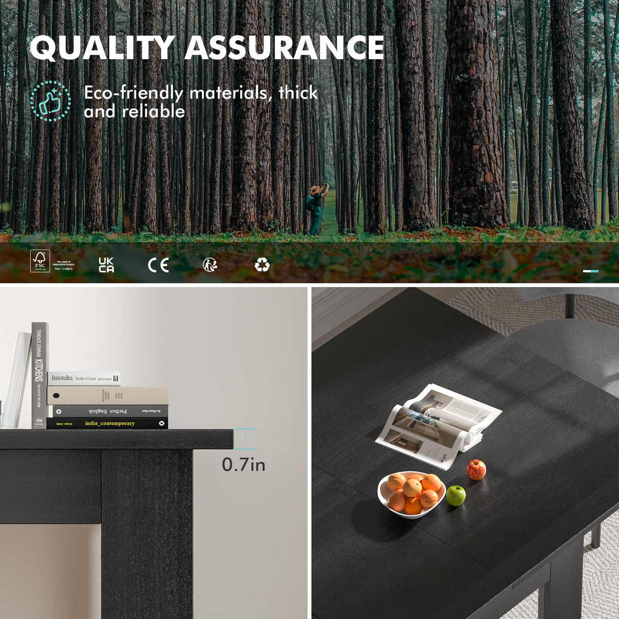 PatioPerk Extendable Dining Room Table for 6-10 Person, Plank and Beam Farmhouse Large Rectangular Kitchen Tables for Living Meeting Room (Black) PatioPerk