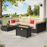 Patiomore 8-Pieces Outdoor Patio Furniture Sets,45”Propane Gas Fire Pit Table， All-Weather Black Brown Wicker Rattan Sectional Sofa, Washable Seat Cushion(Beige) Patiomore