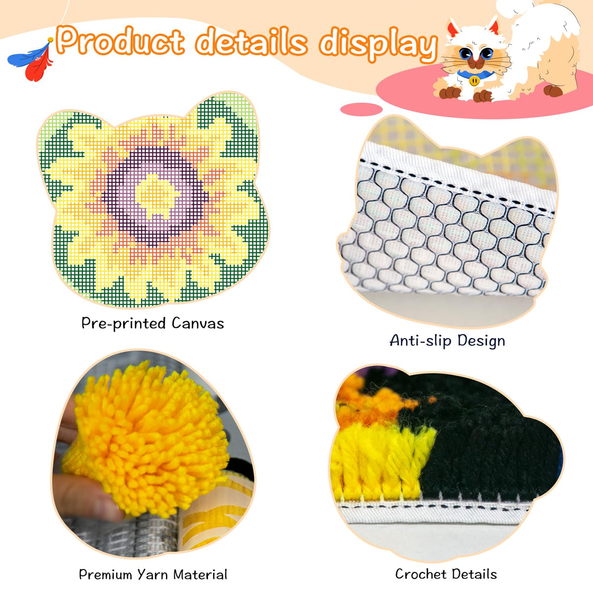 YP Sunflower Latch Hook Rug Kit for Adults & Kids - 12x12 Inch DIY Craft Crochet Rug, Beginner-Friendly Art Project for Home Decor, Easy-to-Make Needlecraft Kit YP