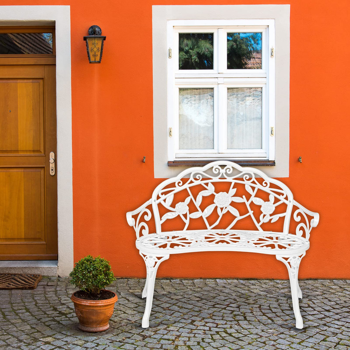 VINGLI 38.5" Patio Park Garden Outdoor Metal Rose Bench,Cast Iron Cast Aluminium Frame Antique Finish Chair,Accented Lawn Front Porch Path Yard Decor Deck Furniture for 2 Person Seat（White VINGLI