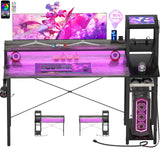 armocity 2024 Upgrade Gaming Desk with LED Lights, Small Computer Desk with Long Monitor Stand, 47.2'' Reversible Laptop Table with Storage Shelves, Small Desk for Small Spaces, Gaming Room, Grey armocity