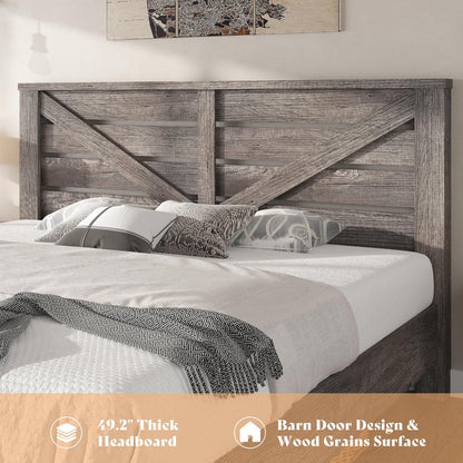 AMERLIFE Rustic Gray Farmhouse Bed Frame with Barn Door Headboard and Under-Bed Storage - WoodArtSupply