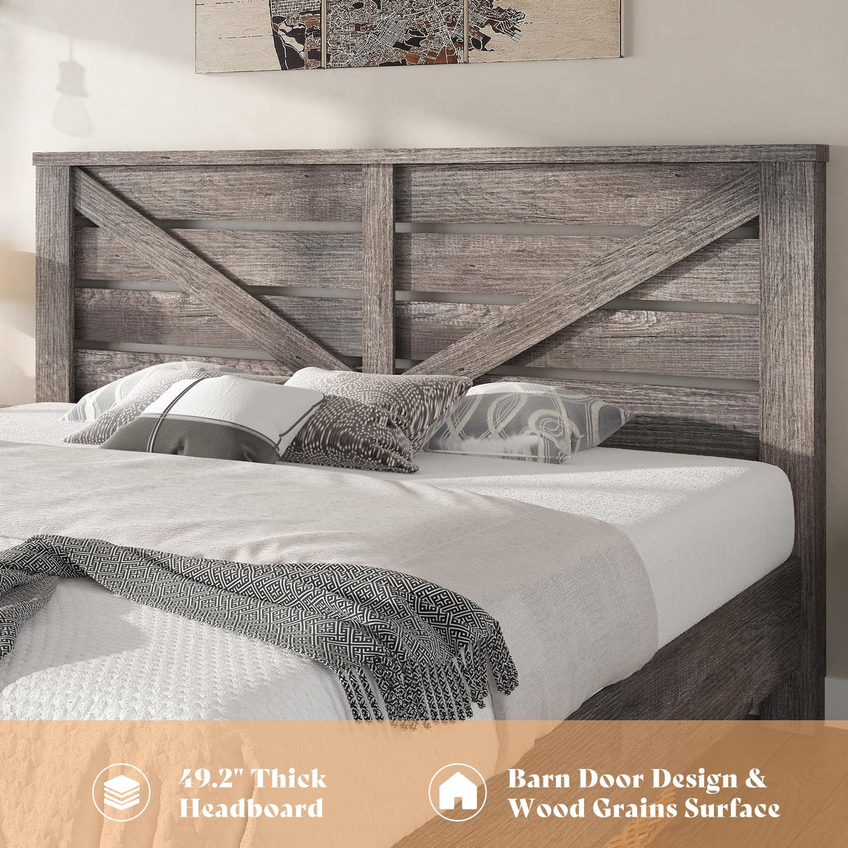 AMERLIFE Queen Size Farmhouse Bed Frame with 49.2" Barn Door Headboard, Platform Bed Frame with Wood Slats, Under Bed Storage Space, Easy Assembly, Noisy Free, Rustic Gray AMERLIFE