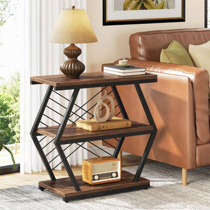 Tribesigns End Table, Industrial Side Table with 3 Storage Shelves, Wood Sofa Side Table with Geometric Metal Frame, Bedside Table for Living Room, Bedroom (1PC, Rustic Brown) - WoodArtSupply