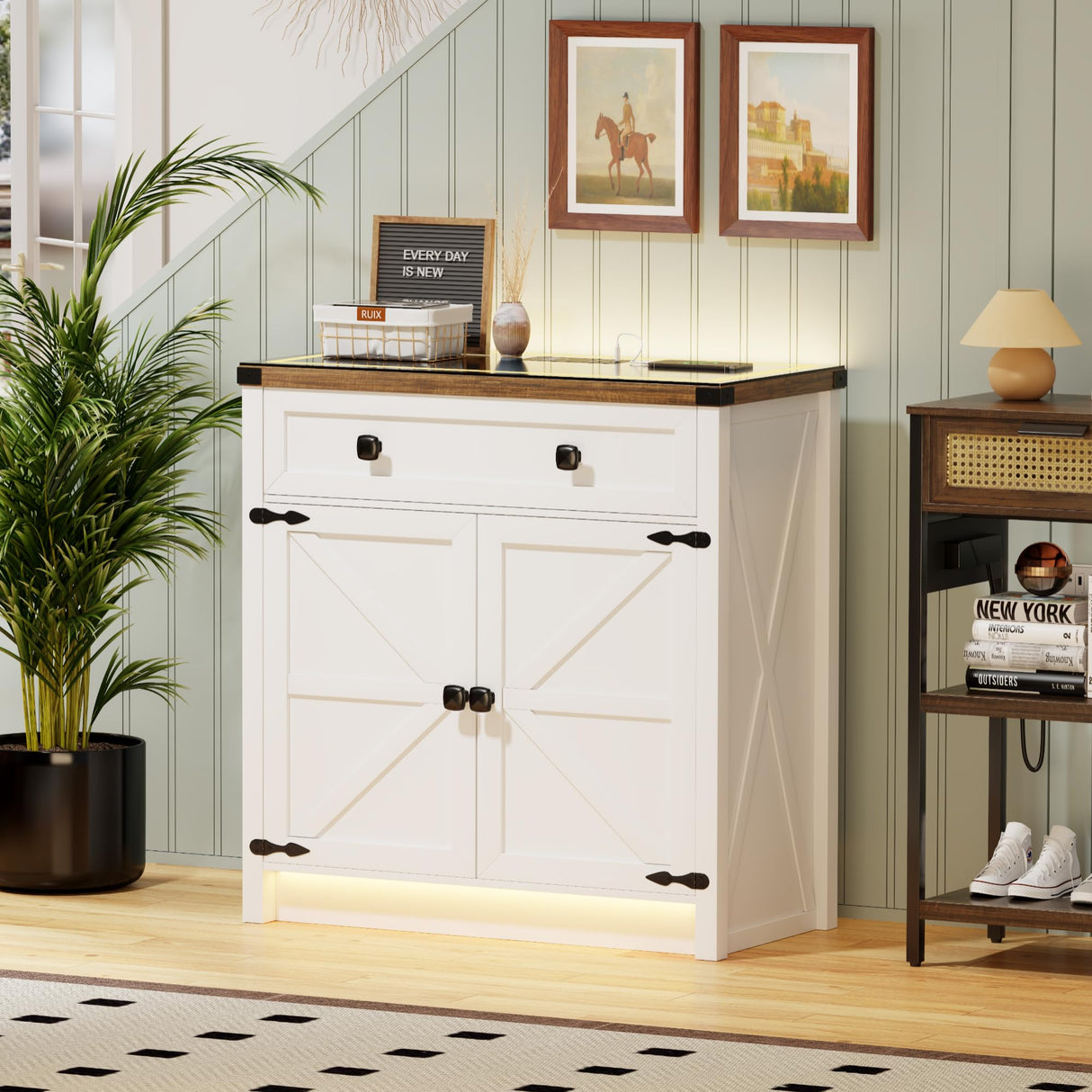 Farmhouse LED Storage Cabinet With Glass TOP,Smart Buffet Sideboard Cabinet with Charging Station,Standing Coffee Bar Cabinet With 2 Doors &Drawer for Bathroom,Kitchen,Living Room,Bedroom,White FREDEES