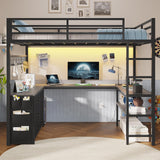 ADORNEVE Loft Bed Full Size with U-Shaped Desk, 6 Storage Drawers, Power Outlet, LED Metal Loft Bed with 2 Storage Shelves, Bed with Safety Guardrail & Ladders, No Box Spring Needed, Grey ADORNEVE