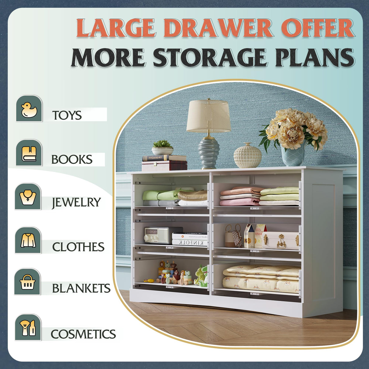 WLIVE Wood Dresser for Bedroom, Wide Chest of Drawers with 6 Drawers, Large White Storage Tower Unit, Modern Minimalist Closet Store Organizer for Living Room, Hallway WLIVE