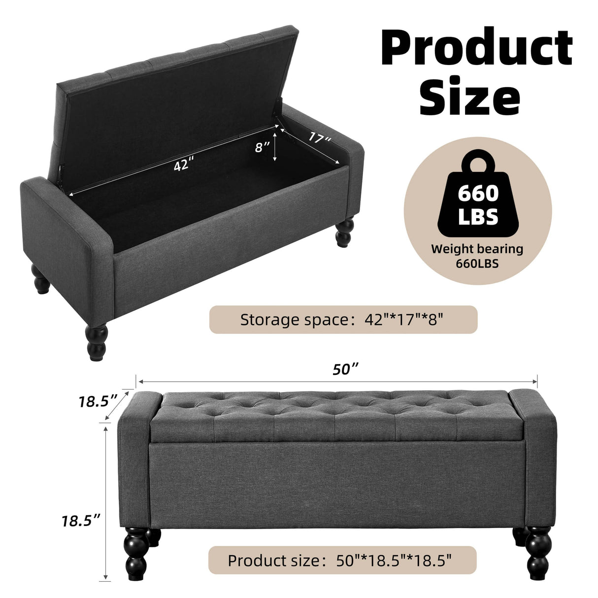 DRM‘SCUUM 50" W Storage Ottoman Bench with Safety Hinge, Load up to 660 lb Ottoman with Storage, Upholstered Tufted Entryway Bench with Seating for Living Room, Bedroom, Entryway, Dark Gray DRM‘SCUUM