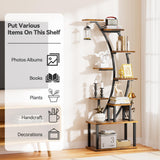 BECOKOME Bookshelf with Lights - 63" Tall Unique Bookshelves, 9-Tier Book Shelf for Collectibles, Black Display Shelf with Light, Half-Moon Ladder Book Stands for Bedroom Living Room, Rustic Brown BECOKOME