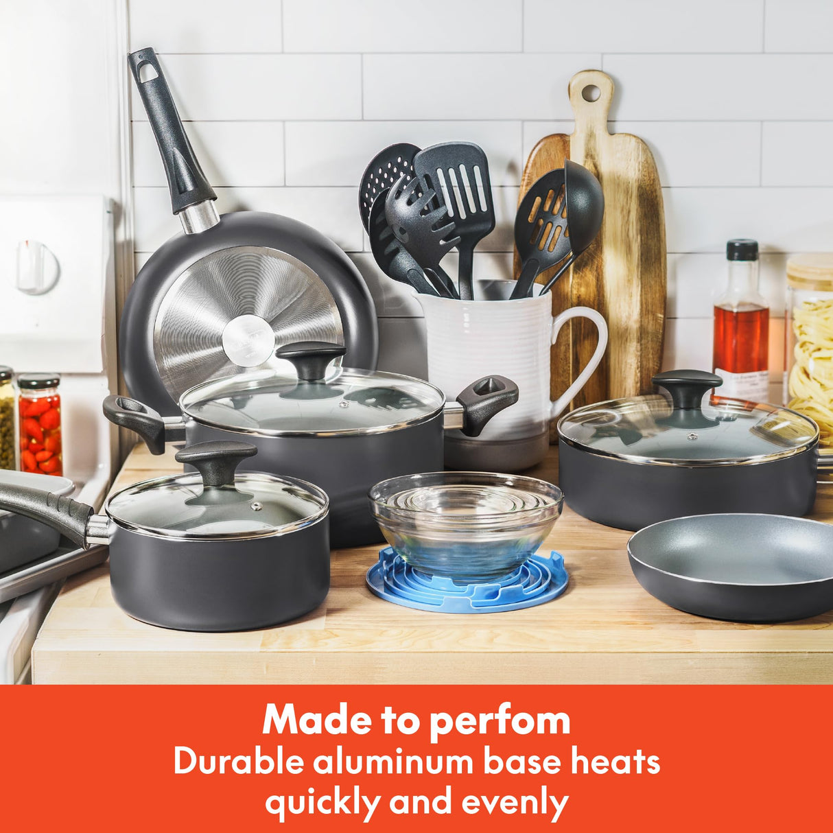 BELLA Nonstick Cookware Set with Glass Lids - Aluminum Bakeware, Pots and Pans, Storage Bowls & Utensils, Compatible with All Stovetops, 21 Piece, Black BELLA