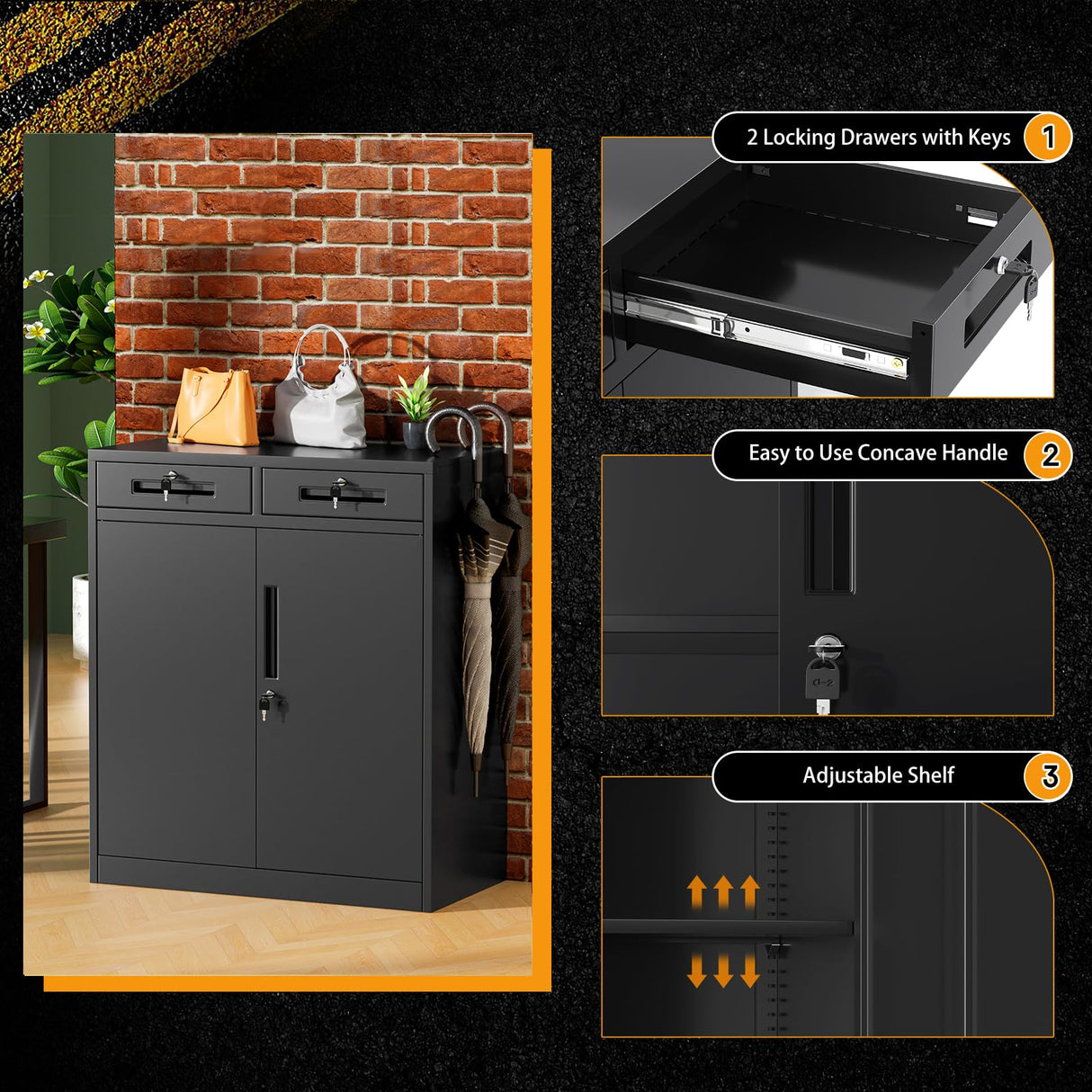 Greenvelly Metal Storage Cabinet with 2 Drawers,36" Black Metal Cabinets with Doors and Shelves, Garage Cabinet with Lock for Home Office, Garage, School, Apartment,Warehouse Greenvelly