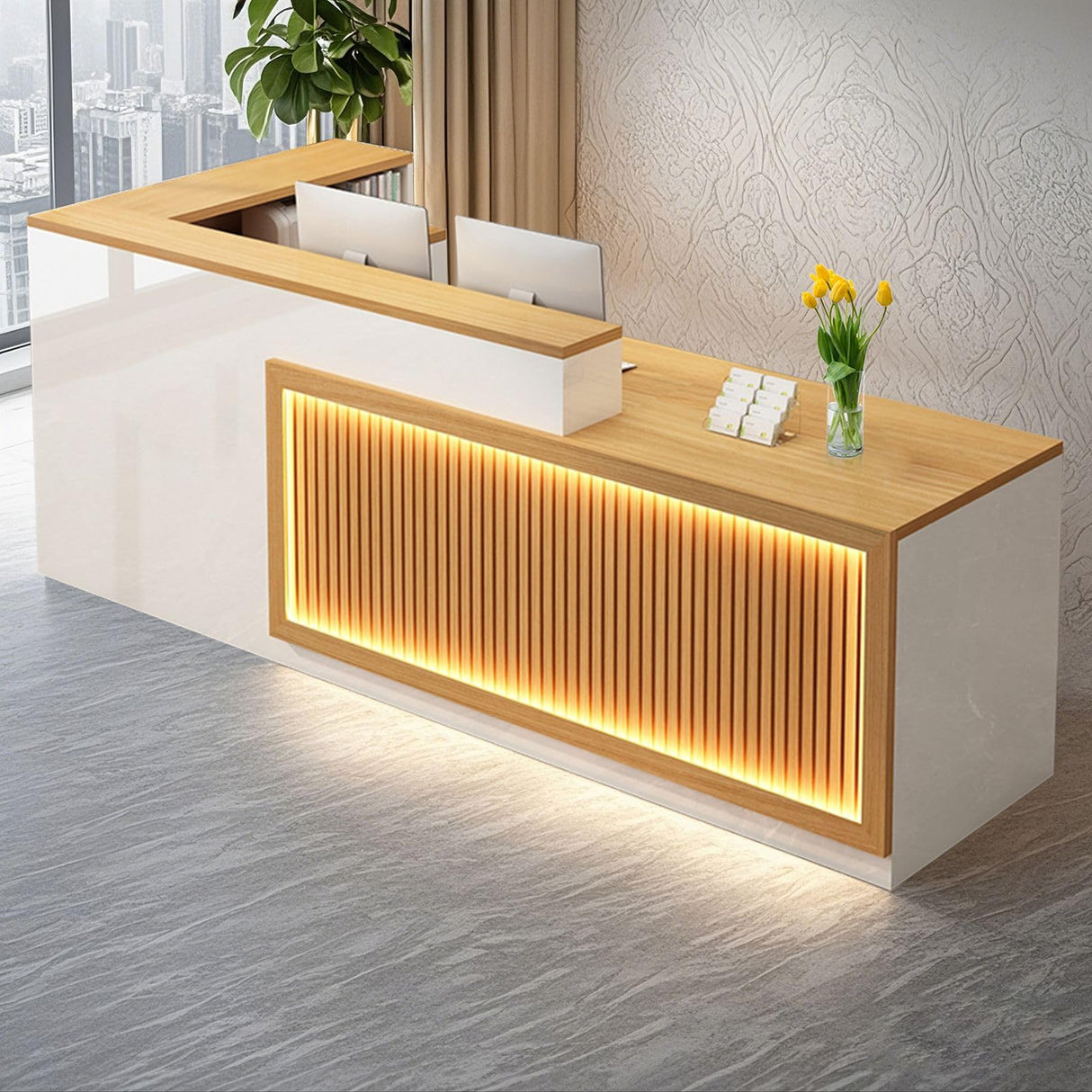 Gguileb L Shaped Reception Desk, Solid Wood Front Desk with Counter & Lockable Drawers, Retail Checkout Customer Service Counter for Home Office Lobby Store,(Wood,63in-Right) Gguileb