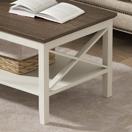 ChooChoo Farmhouse Coffee Table, Wooden Coffee Table with Thicker Legs, White Coffee Table with Storage for Living Room ChooChoo