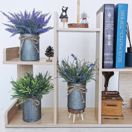 Set of 3 Small Potted Plants Arrangement Artificial Lavender and Grass Plants in Rustic Galvanized Metal Pots with Decorative Wood Tray for Farmhouse Table Centerpiece Windowsill Indoor Greenery Decor Winlyn