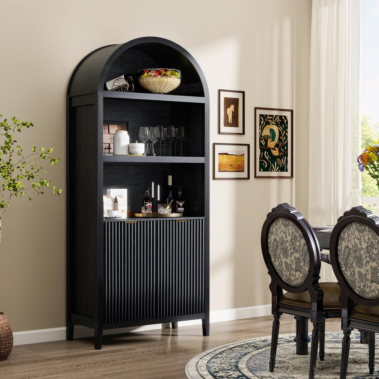 LYNCOHOME 71 Inch Fluted Arched Cabinet with Doors, Tall Storage Cabinet, Oak Wood Finish, Adjustable Shelves, Arched Bookcase for Dining Room,Kitchen（Black） LYNCOHOME