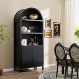 LYNCOHOME 71 Inch Fluted Arched Cabinet with Doors, Tall Storage Cabinet, Oak Wood Finish, Adjustable Shelves, Arched Bookcase for Dining Room,Kitchen（Black） LYNCOHOME