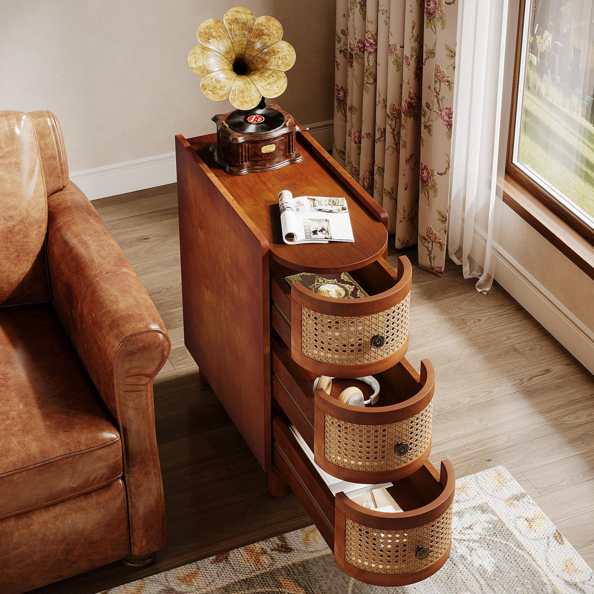 Tribesigns Solid Wood End Table, 3-Drawer Rattan Side Table, Night Stand with 3 Rattan Drawers and Exquisite Embossed Handles for Living Room, No Assembly Required (Walnut & Oak, 1PC) Tribesigns