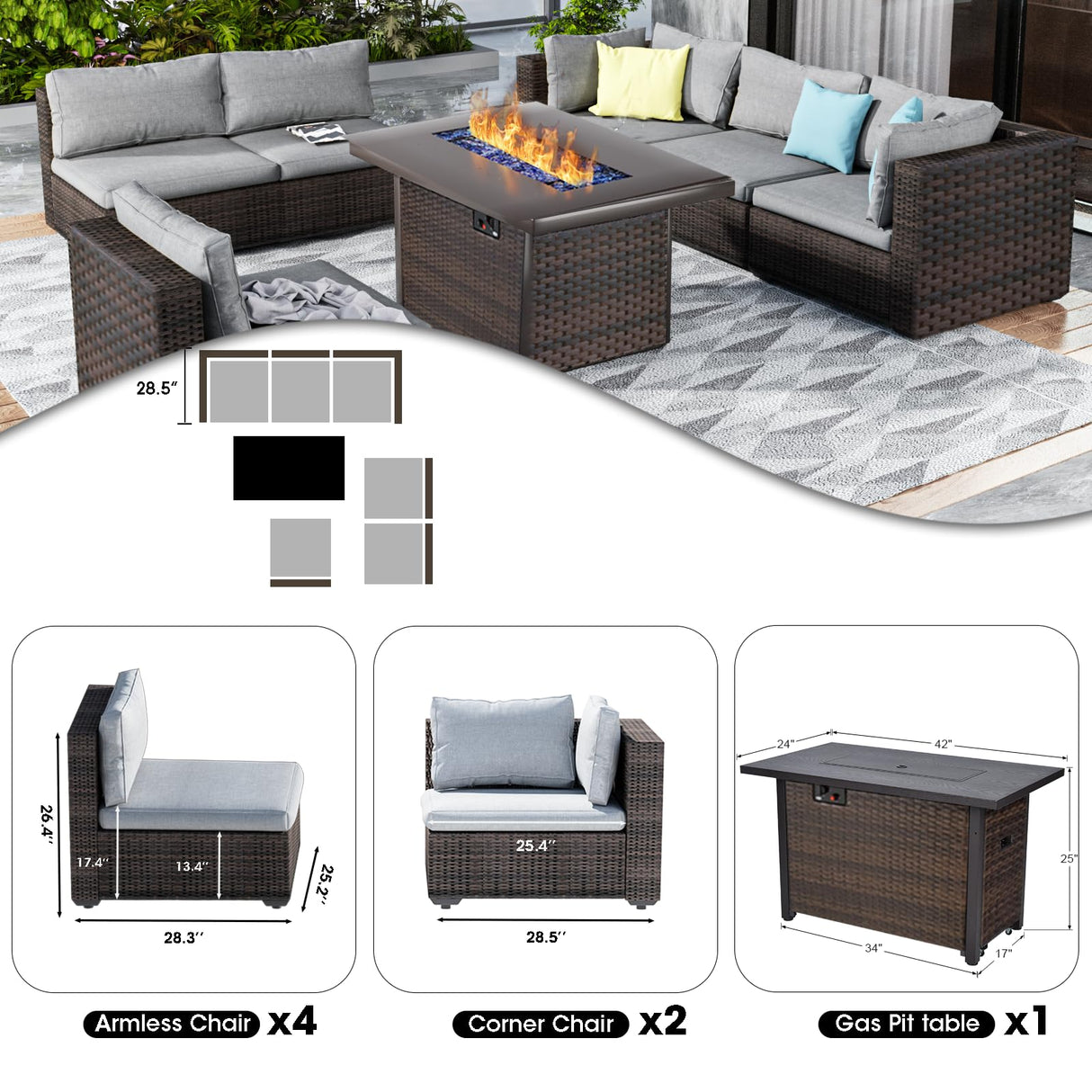 GREZJXC 7 Pieces Outdoor Sectional Patio Furniture Set with Fire Pit Table PE Rattan Wicker Patio Sectional Conversation Set with Cushion Grey GREZJXC