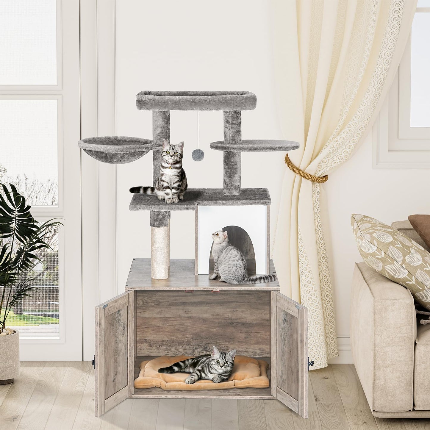 Snughome Cat Litter Box Enclosure with Cat Tree Tower and Condo, Hidden Cat Washroom Furniture with Sisal Scratching Post and Soft Plush Perch, Wooden Cat Furniture with Multiple Platforms, G - WoodArtSupply