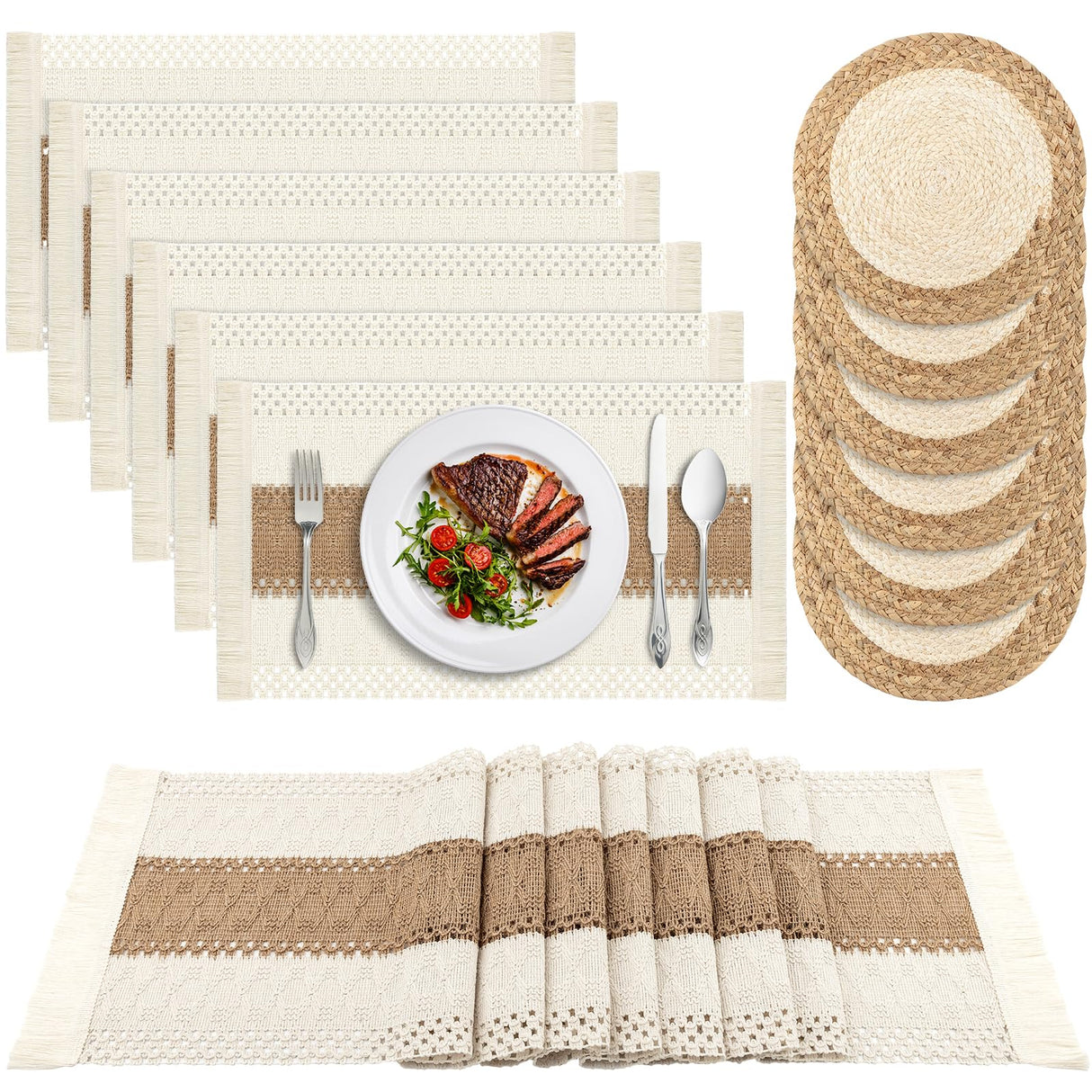 ADRIMER Placemats Set of 6, Handmade Round Woven Table Mats, Burlap Boho Table Place Mats and 1 Pcs 72 Inch Table Runner with Macrame for Kitchen and Dining Table Farmhouse Decor ADRIMER