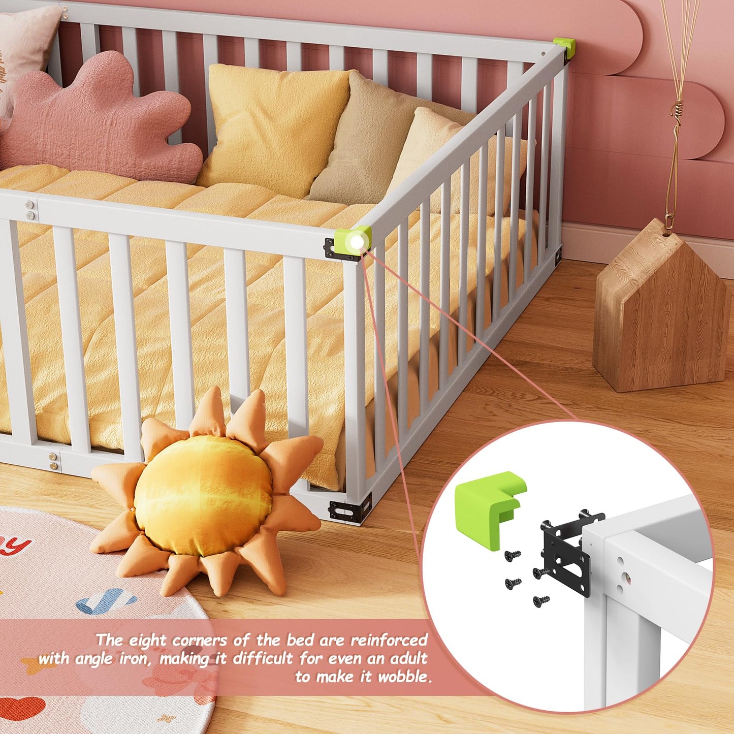 ROOMTEC Full Size Montessori Floor Bed - Solid Wooden Toddler Bed Frame with Convertible Door & Safety Fence in White - WoodArtSupply